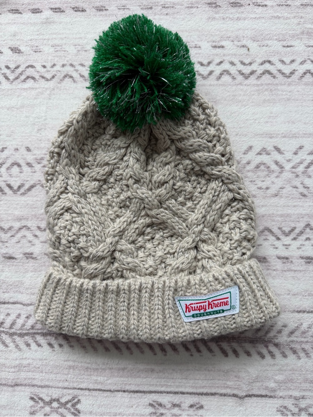 Krispy Kreme Doughnuts Cable Knit Beanie with Green Pom Pom